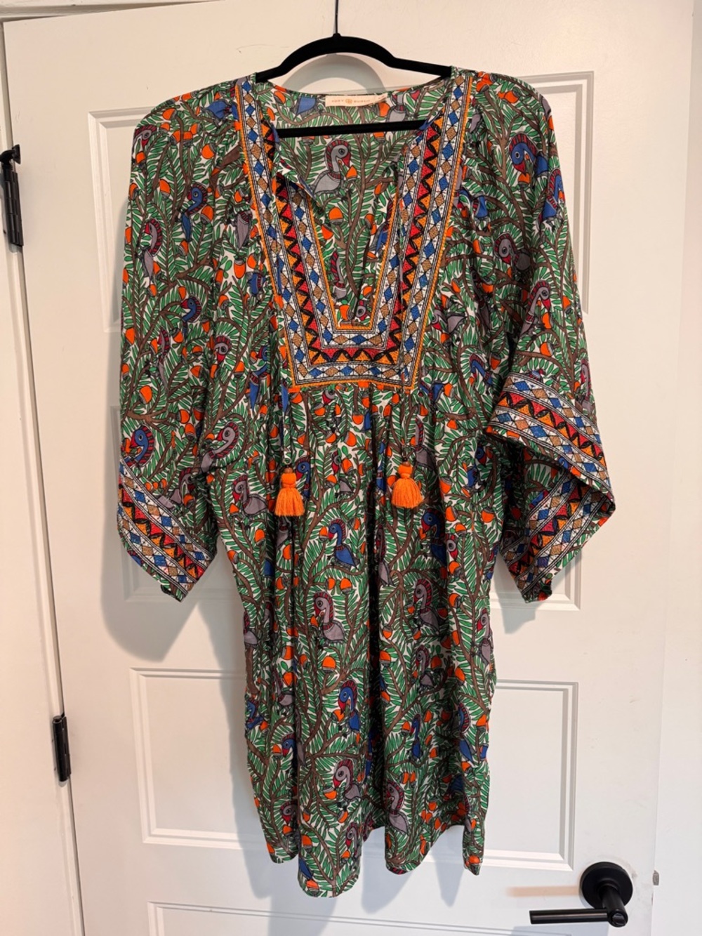 Tory Burch Tropics Green & Orange Embroidered V-Neck Tunic Tulum Women XL EUC